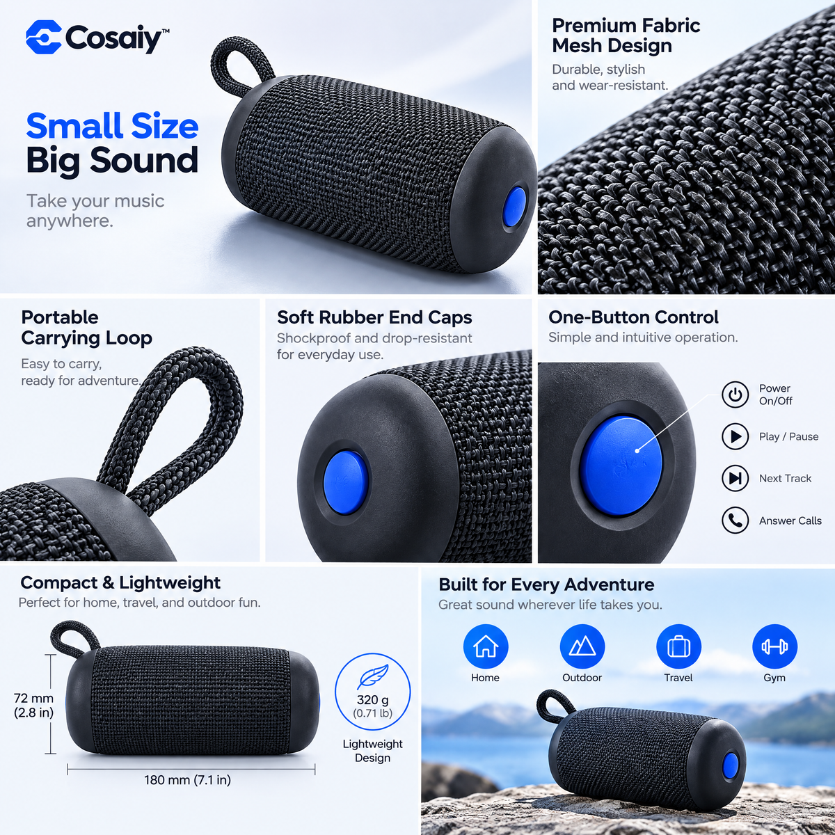 Cosaiy™ Portable Bluetooth Speaker for Everyday Listening — design details
