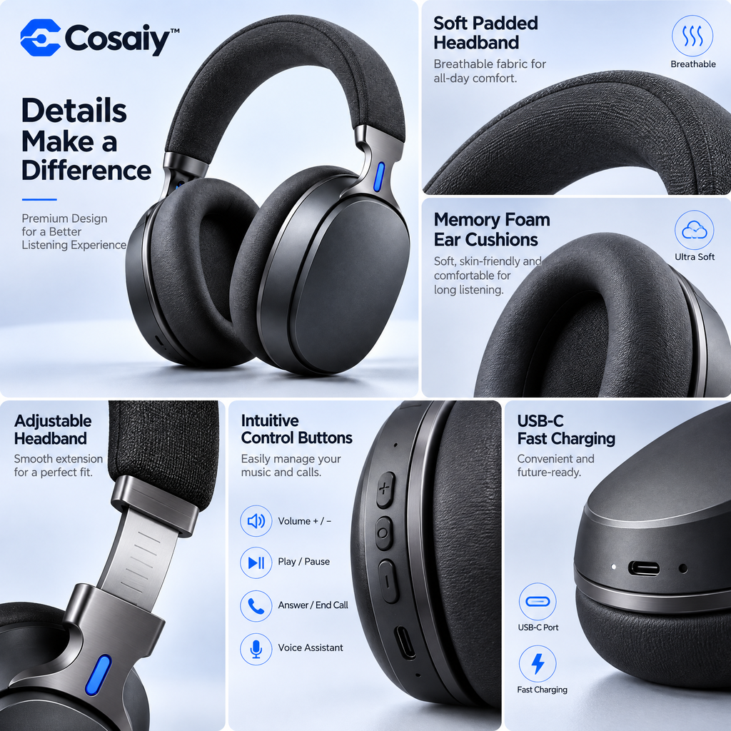 Cosaiy™ Over-Ear Wireless Headphones for Workdays and Downtime — design details
