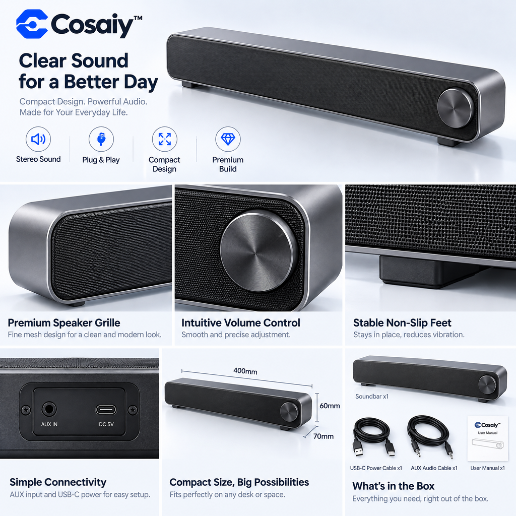 Cosaiy™ Compact Desktop Soundbar for Your Everyday Workspace — design details