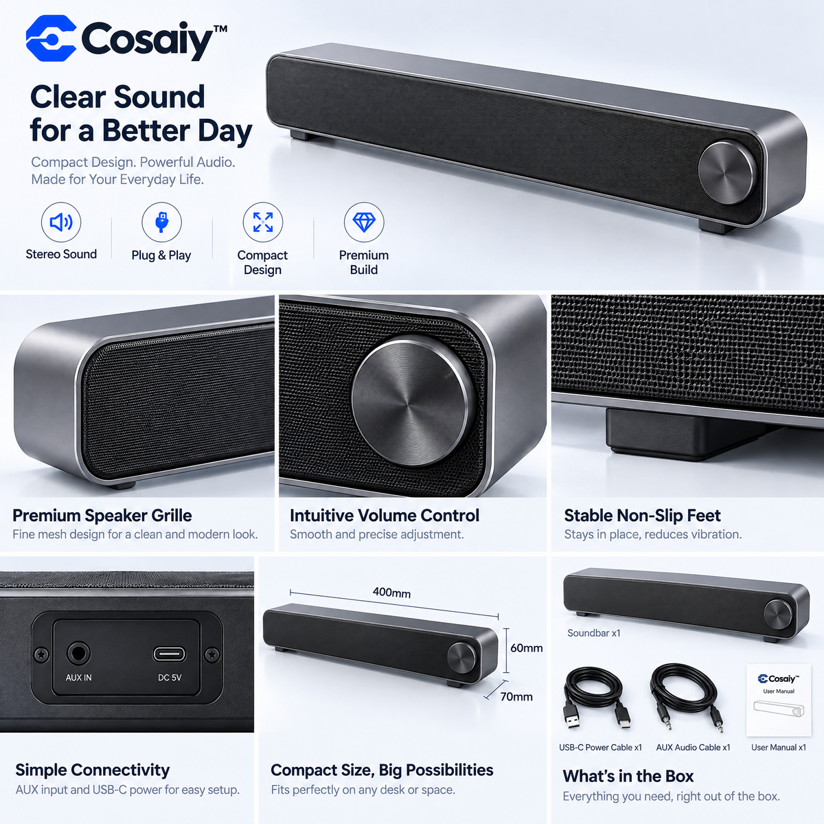 Cosaiy™ Compact Desktop Soundbar for Your Everyday Workspace — design details