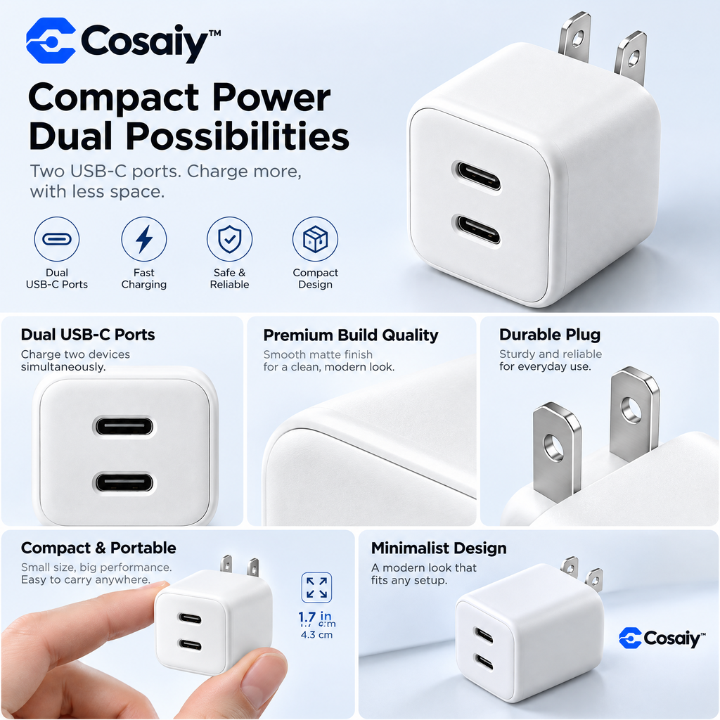 Cosaiy™ Dual-Port USB-C Wall Charger with U.S. Plug — design details