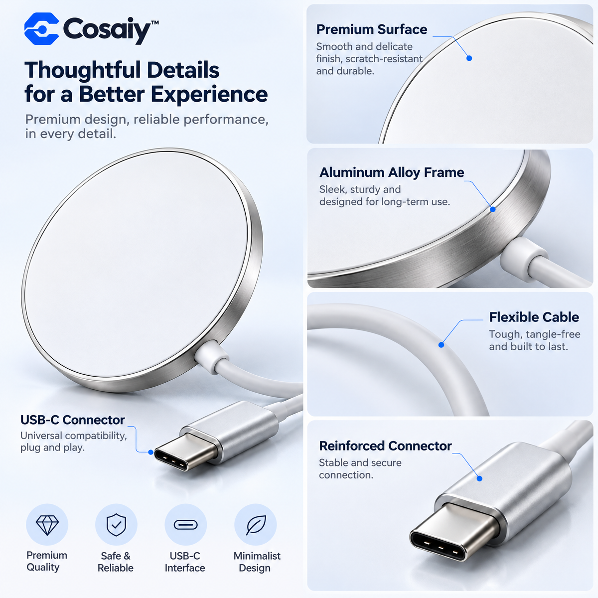 Cosaiy™ Magnetic Wireless Charging Pad with USB-C Cable — design details