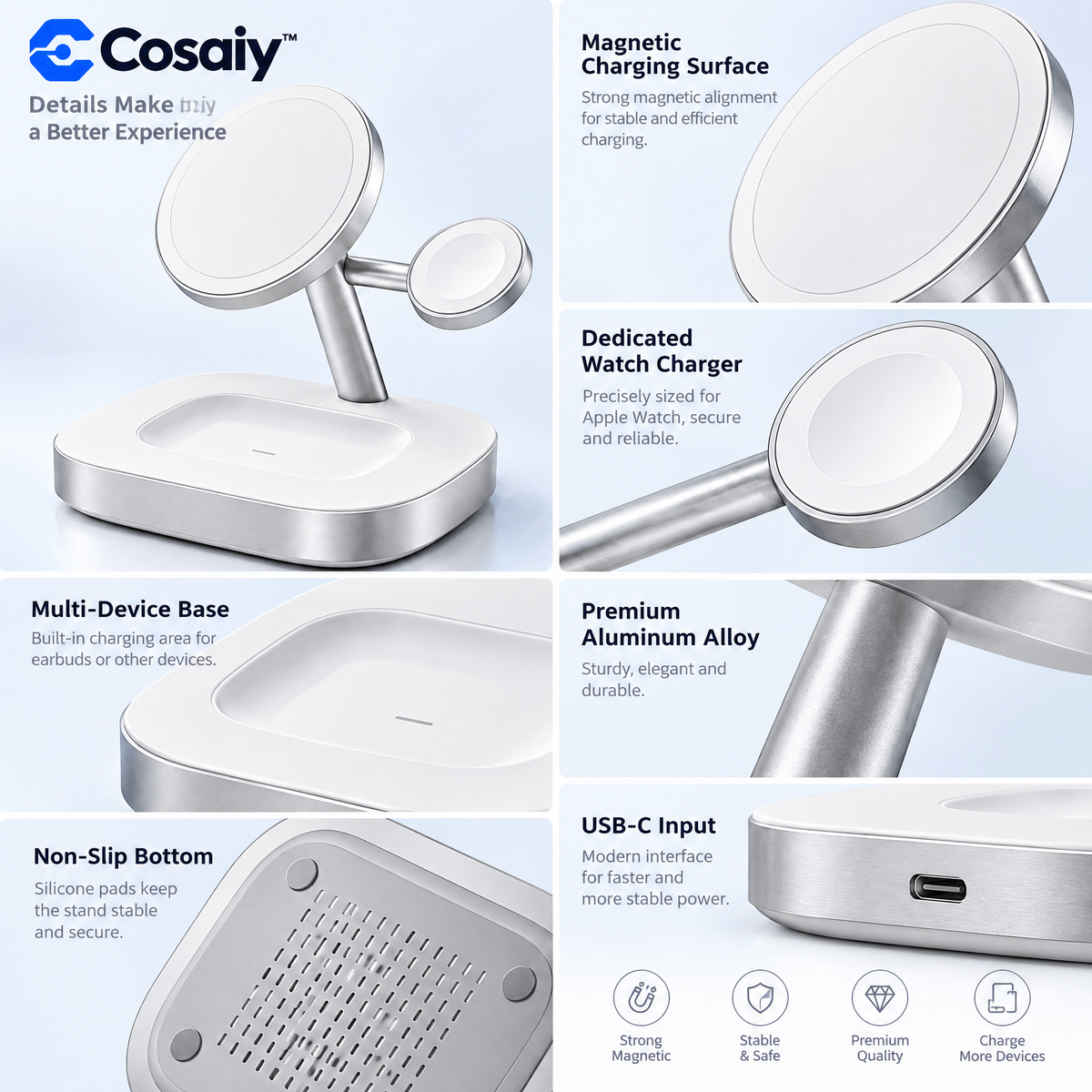 Cosaiy™ 3-in-1 Desktop Wireless Charging Station — design details