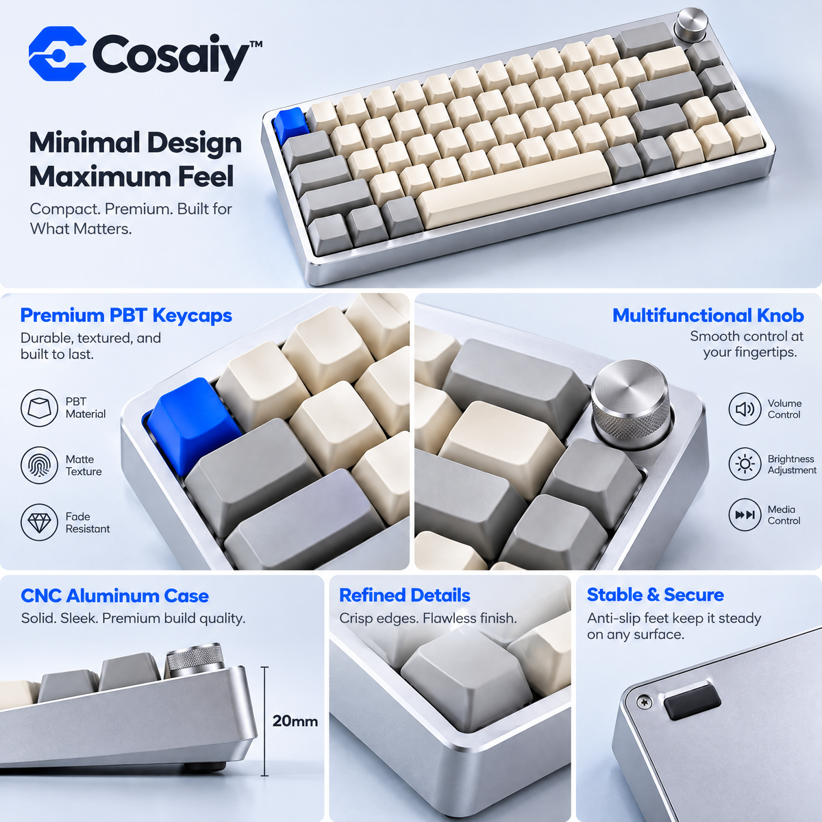 Cosaiy™ Compact Wireless Mechanical Keyboard for a Modern Desk — design details