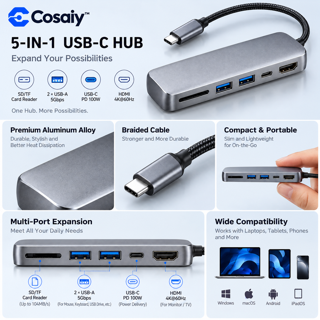 Cosaiy™ USB-C Multiport Hub with HDMI, USB Ports, and SD Card Slot — design details