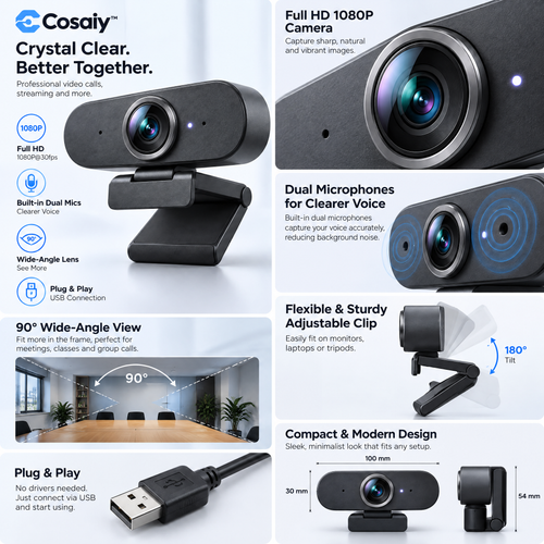 Cosaiy™ Computer Webcam for Video Calls and Online Lessons — design details
